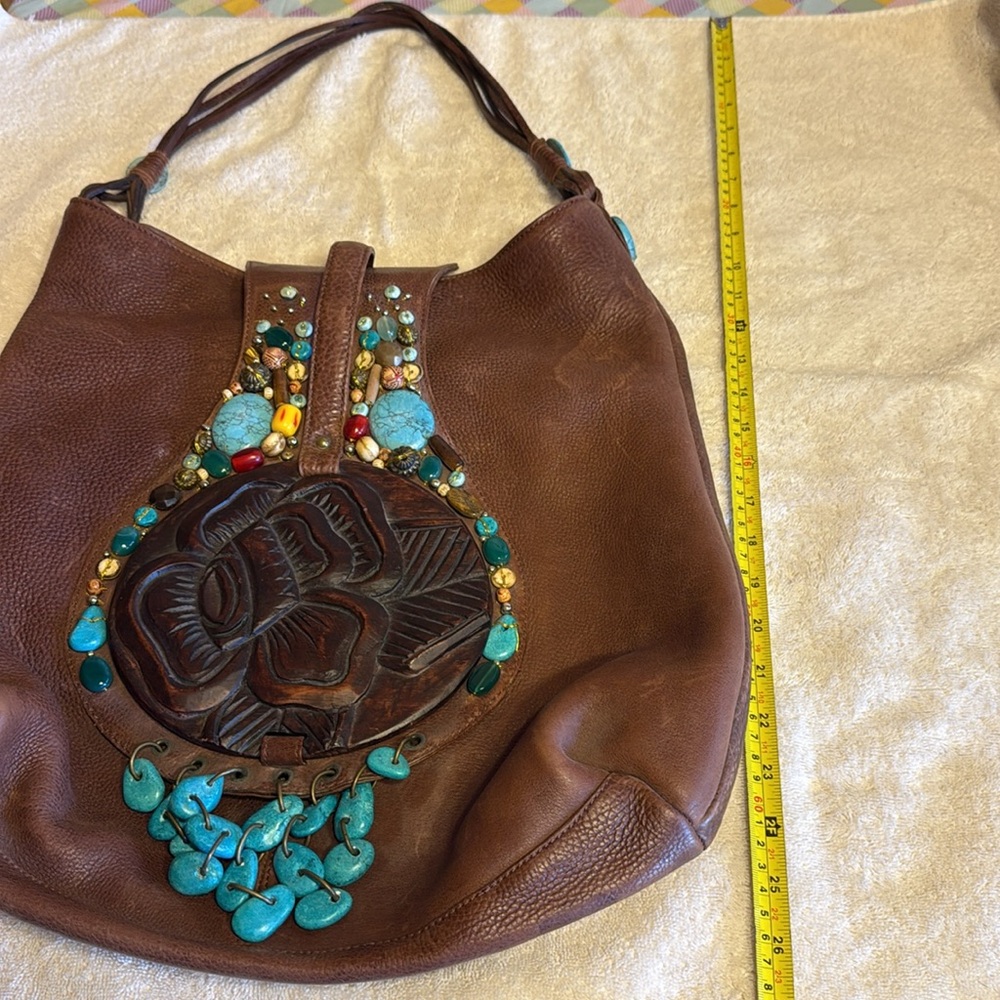 Brown and Blue Hobo Bag with Circular Embellishment - Picture 5 of 5
